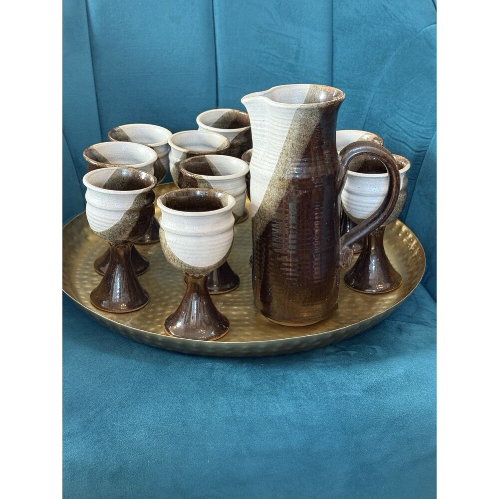 Vintage Handmade Studio Pottery Pitcher & 11 Goblets Set Brown Cream Glaze 12 Pc